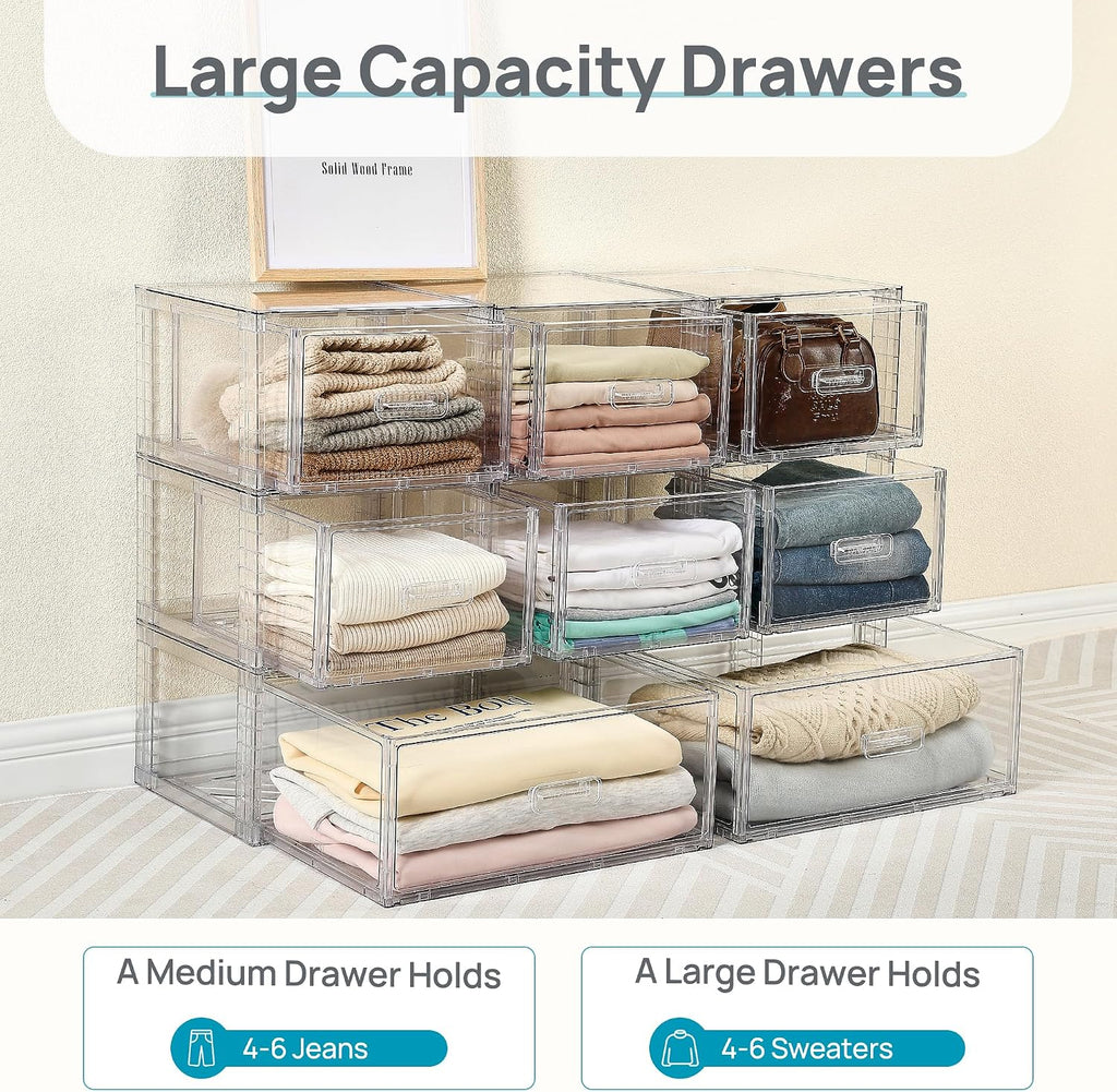 Vtopmart 4 Pack Clear Stackable Closet Storage Drawers 15QT, Medium