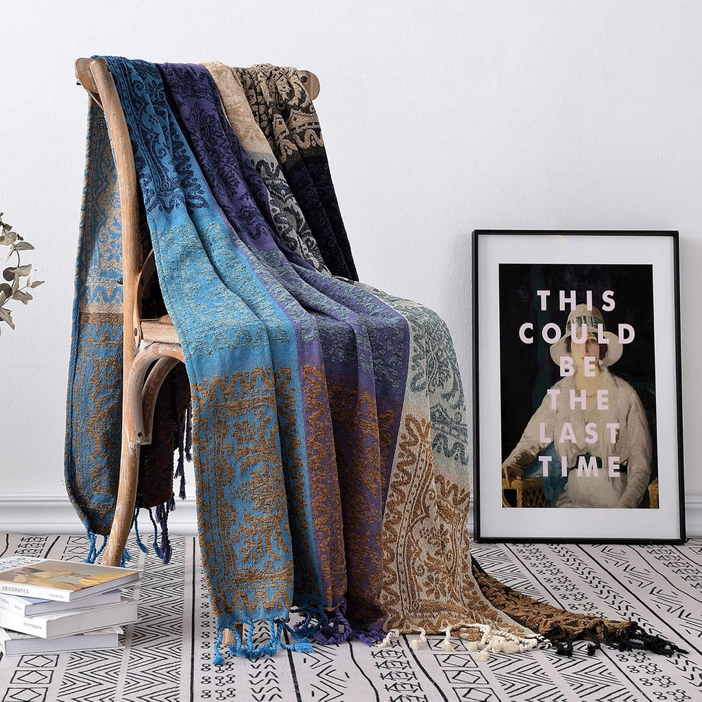 Boho Chair Cover Colorful Chenille Tassels Hippie Throw Blanket for Couch Bed Sofa Recliner Loveseat, Blanket for Bohemian Living Room Decor Purple(60"*75")