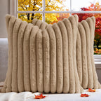 Set of 2 Decorative Throw Pillow Covers 20x20, Fall Faux Fur Khaki