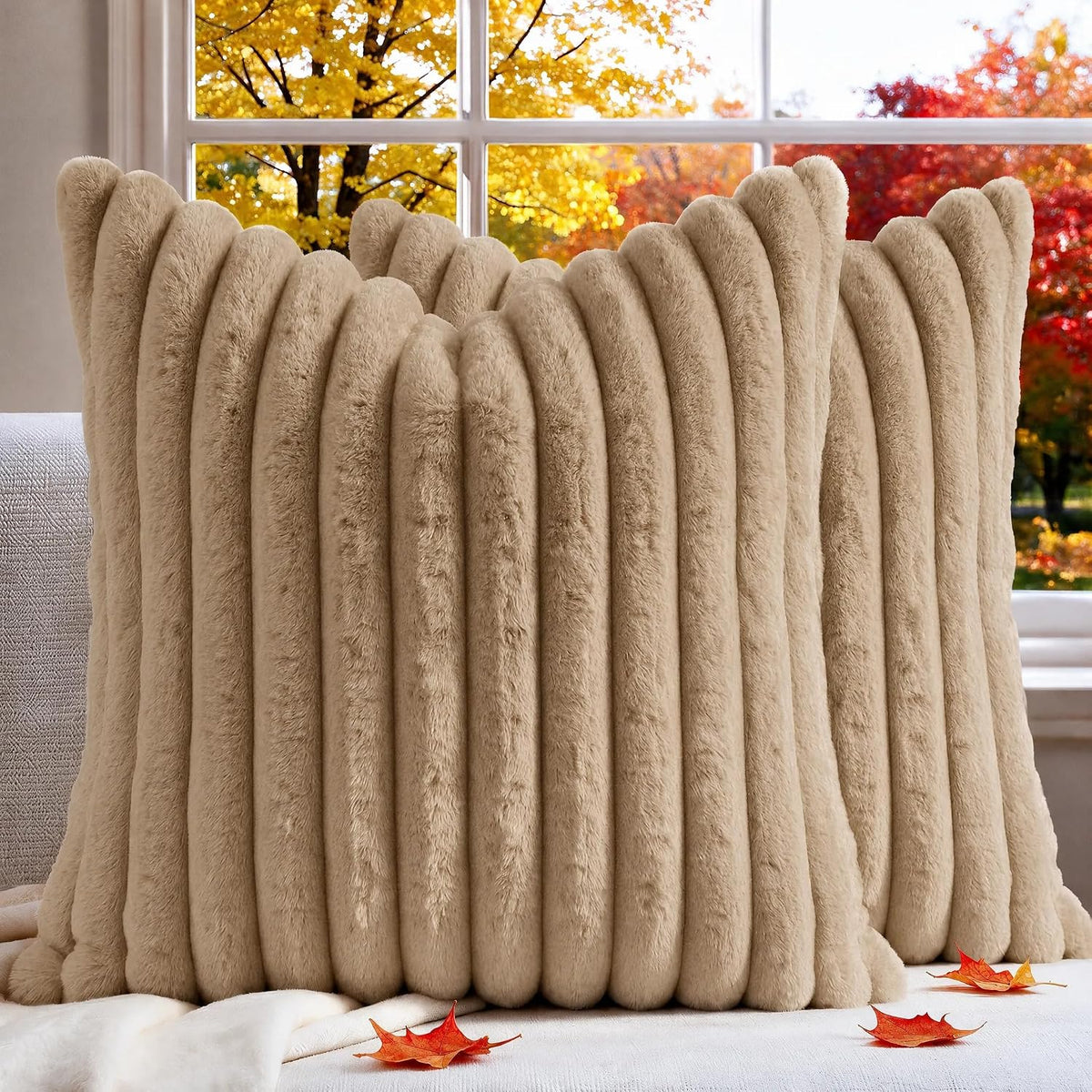 Set of 2 Decorative Throw Pillow Covers 20x20, Fall Faux Fur Khaki