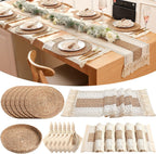 6 Sets Boho Table Runner and Woven Round Placemats Set, Khaki, 12x72