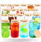 Joyclub 20pcs 16Oz Glass Cups with Bamboo Lids and Straws Drinking Glasses