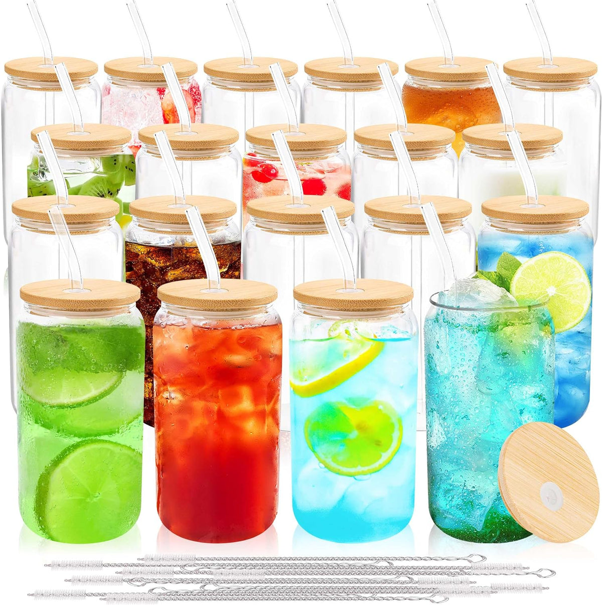 Joyclub 20pcs 16Oz Glass Cups with Bamboo Lids and Straws Drinking Glasses
