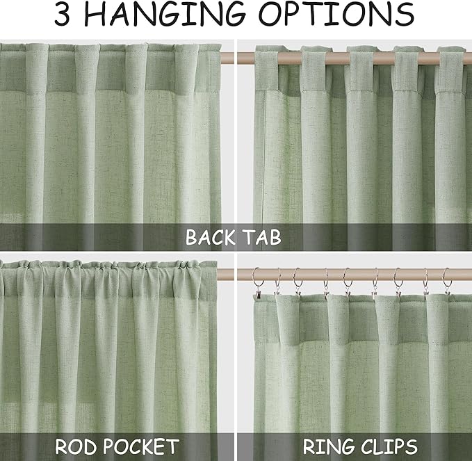 Nanspring Mist Sage Linen Curtains Semi Sheer 96 Inches Long 2 Panels Set - Image 2