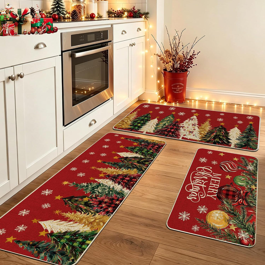 Red Christmas Tree Kitchen Rugs Set of 3, Non Slip Rubber Backing
