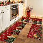 Red Christmas Tree Kitchen Rugs Set of 3, Non Slip Rubber Backing