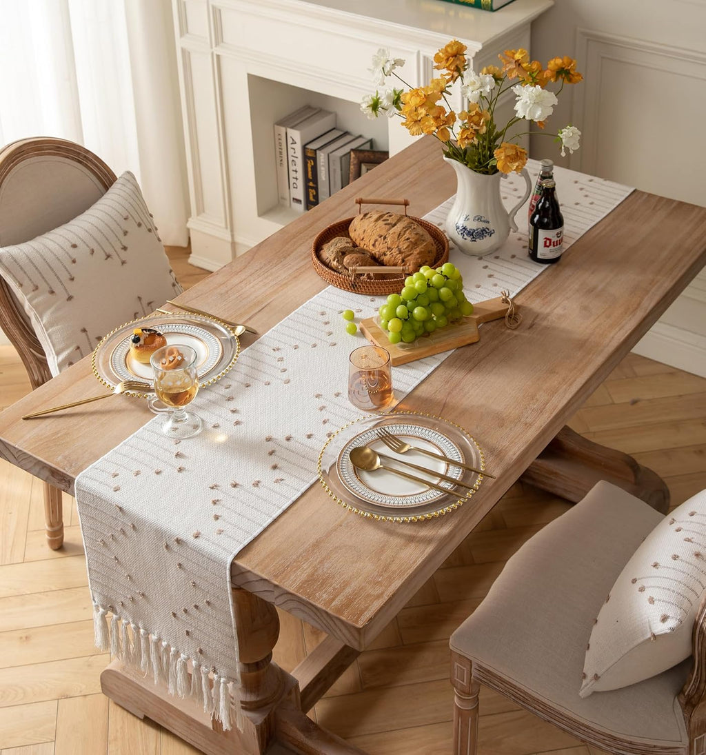 Caflife Taupe Beige Cotton Linen Rustic Boho Table Runner 13 x 90 Inch Long