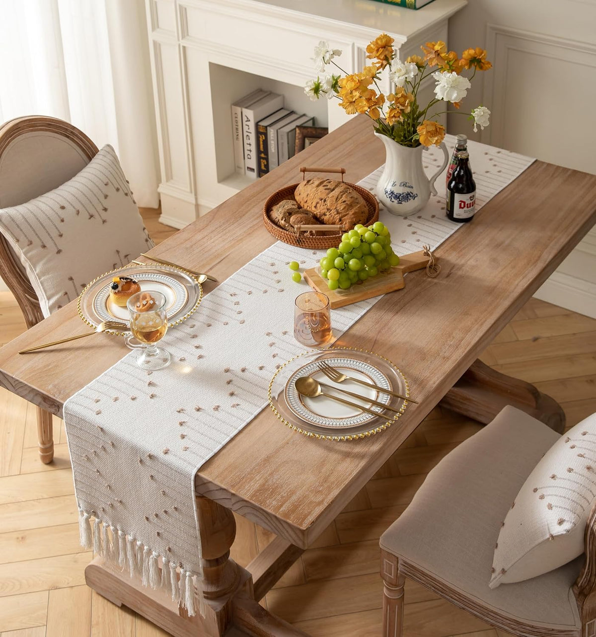 Caflife Taupe Beige Cotton Linen Rustic Boho Table Runner 13 x 90 Inch Long