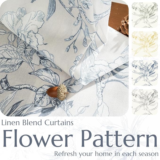 jinchan Floral Curtains 96 Inches Long Blue Flower Linen Farmhouse Curtain - Image 4