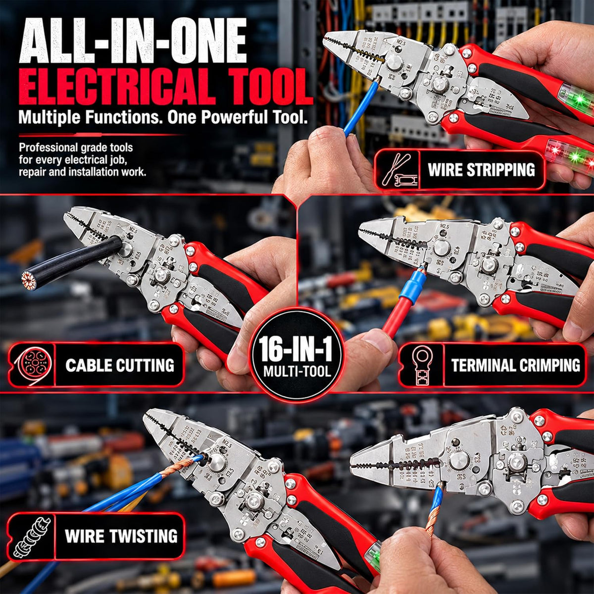 16-in-1 Foldable Wire Stripper, Electrical Multitool with 12-250V Voltage Tester, Crimper, Screw Cutter & Non-Slip Grip, Stainless Steel Voltage Test Pliers for Home Wiring, DIY & Repairs