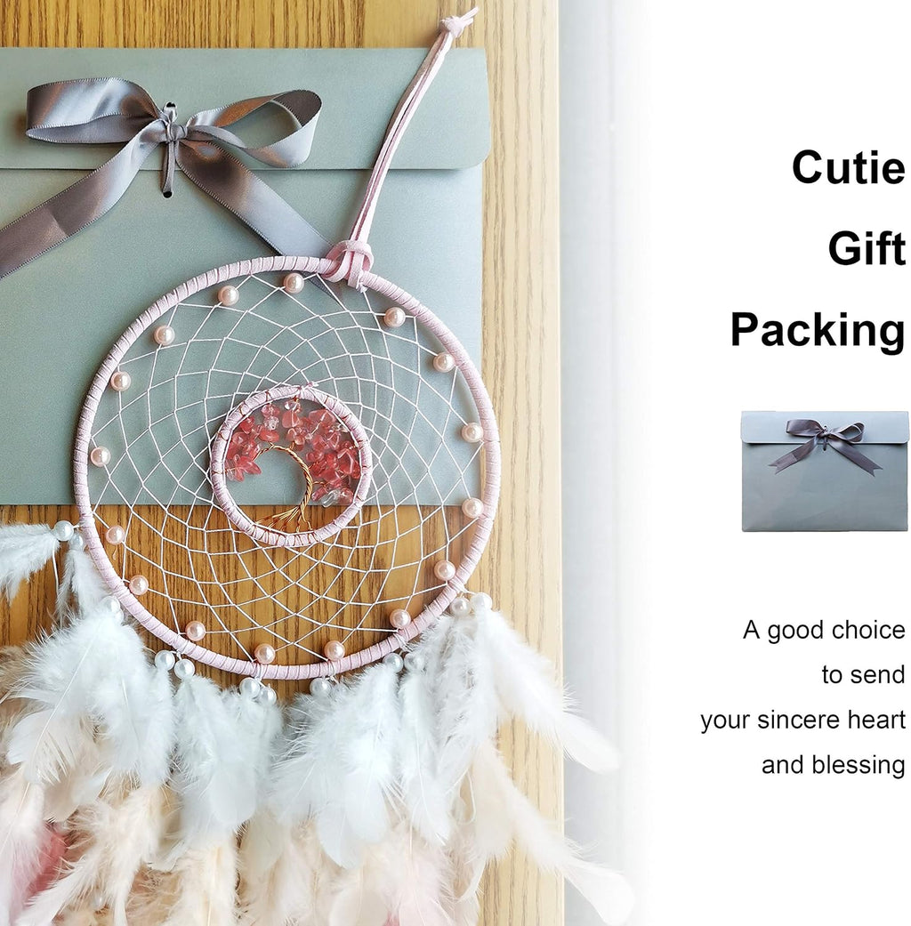Dream Catchers, Pink Dream Catcher Tree of Life Wall Decor, with Natural Healing Crystal Stone, Perfect Pink Crystal Handmade Dreamlike Dream Catchers for Girls Bedroom Decor Art Craft Gift
