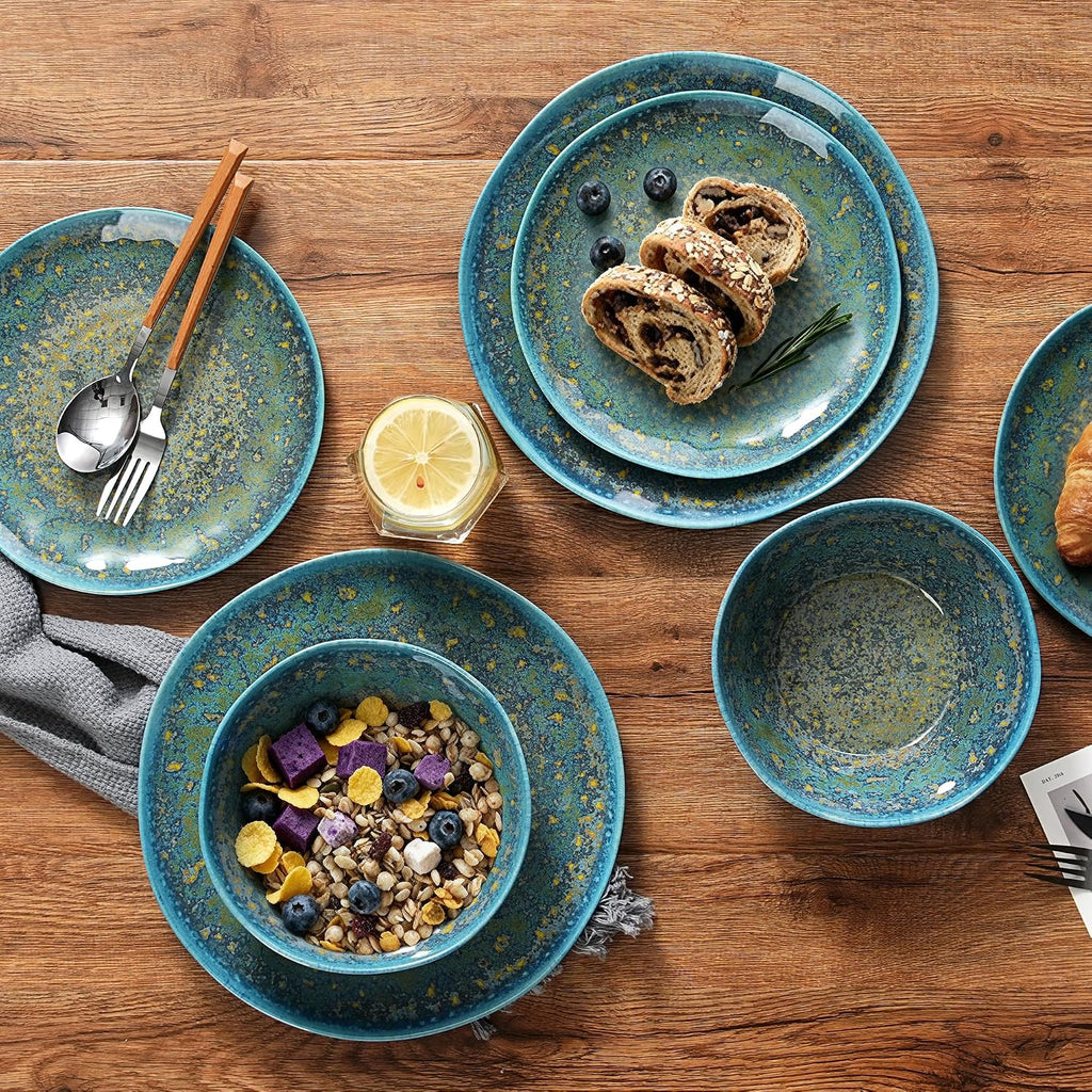 Melamine Dishes Set for 4, Kitchen Plates and Bowls Set, Rust Blue