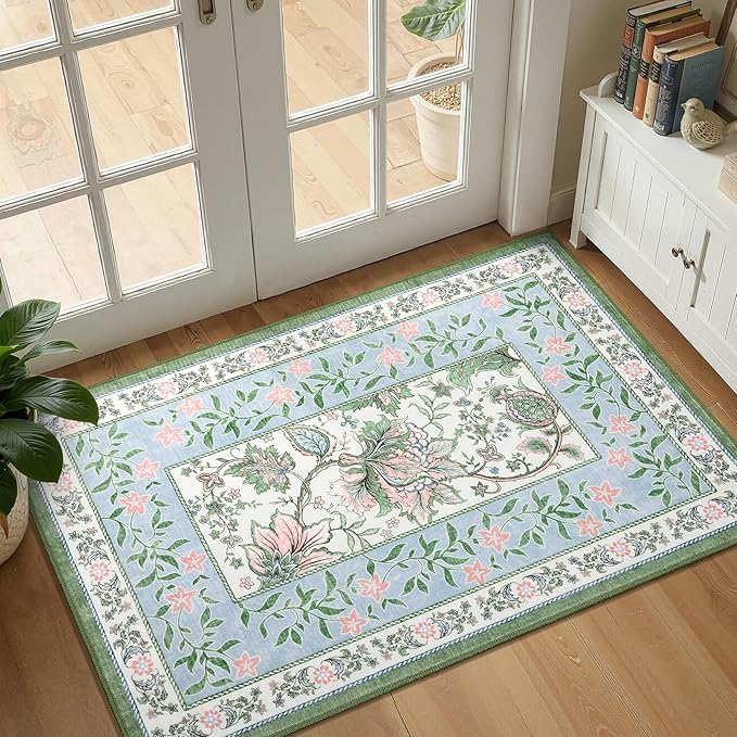 GarveeHome Blue Green Pink Washable 5x7 Area Rugs, Botanical Grove Vintage - Image 5