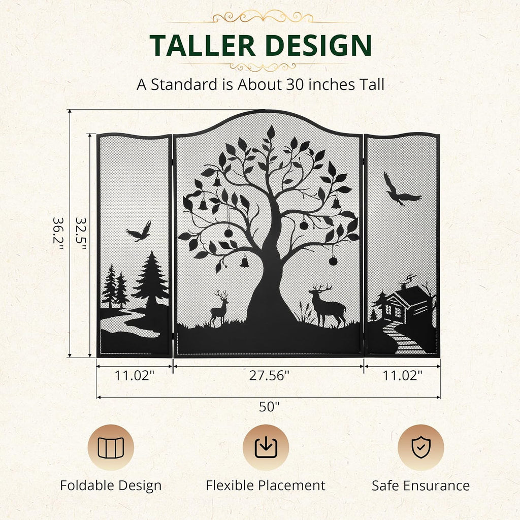 50" x 36" 3-Panel Fireplace Screen, Tree Pattern Fire Guard, Rustic