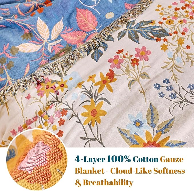 MSGKV Boho Throw Blanket for Bed 60"x80" Cotton Floral Twin Size Blanket - Image 3