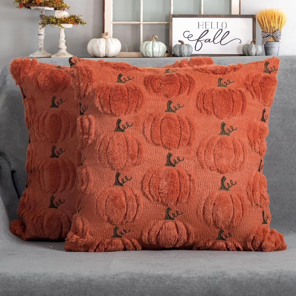 Fall Pumpkin Pillow Covers 18x18 Set of 2 Rust Red Fall Farmhouse Decor