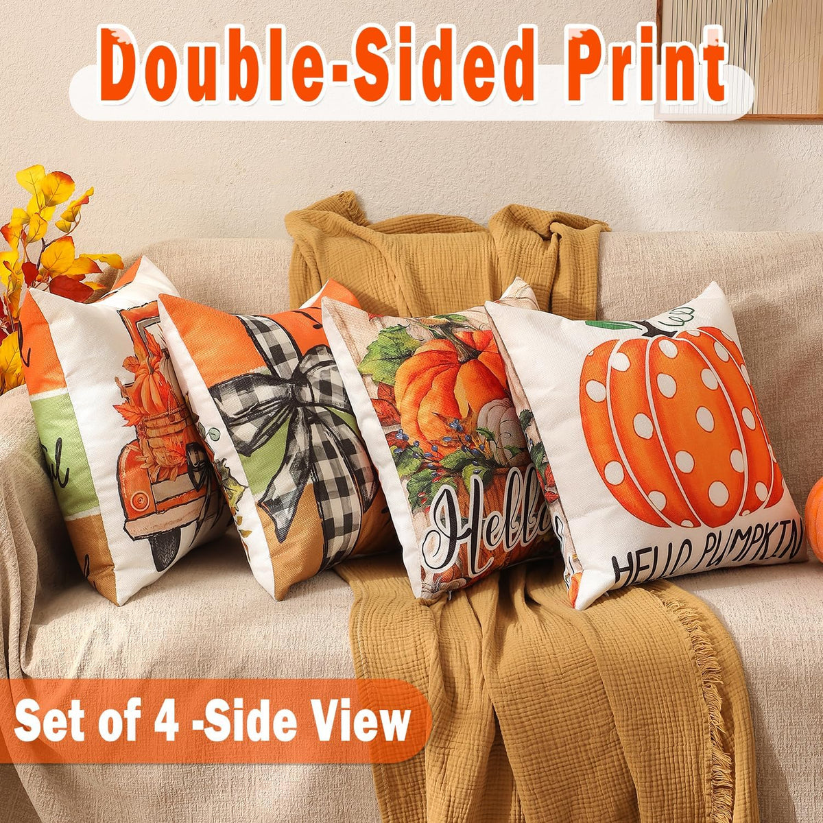 multiwins Fall Pillow Covers Pumpkin Polka Dot 20x20 4Pcs Double-Sided