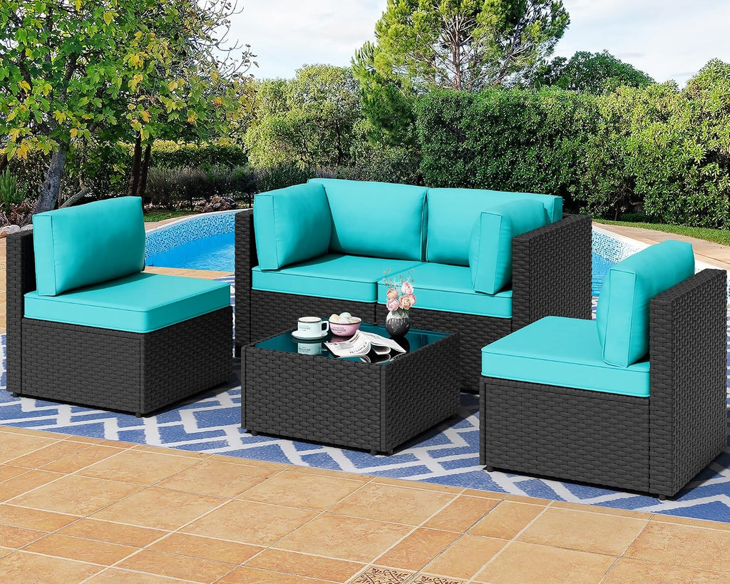 Shintenchi 5 Pieces Outdoor Patio Sectional Sofa Couch, Black PE Wicker Furniture Sets, Patio Conversation Sets with Washable Cushions Coffee Table for Garden, Poolside, Backyard,Blue
