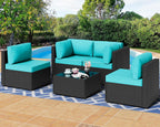 Shintenchi 5 Pieces Outdoor Patio Sectional Sofa Couch, Black PE Wicker Furniture Sets, Patio Conversation Sets with Washable Cushions Coffee Table for Garden, Poolside, Backyard,Blue