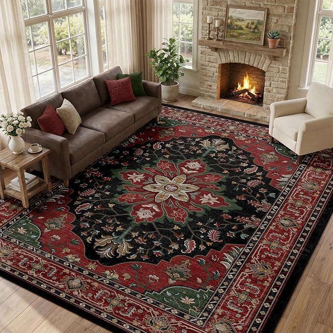 RELEANY Area Rugs 9'x12' Washable Non-Slip, Floral Vintage Distress Print by RELEANY