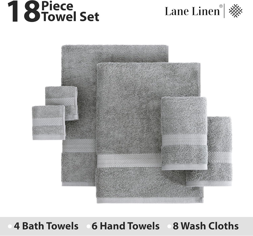 LANE LINEN Towel Set Soft Absorbent Quick Dry 100% Cotton 18 Piece - Grey