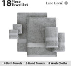 LANE LINEN Towel Set Soft Absorbent Quick Dry 100% Cotton 18 Piece - Grey