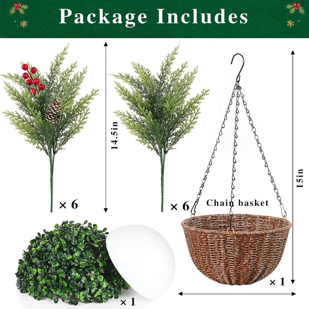 Artificial Cedar Christmas Hanging Baskets for Outdoor with Berry & PineCones, Winter Hanging Baskets with Lights, Artificial Xmas Greenery for Front Porch Patio Outside Urn Fillers Winter Decor