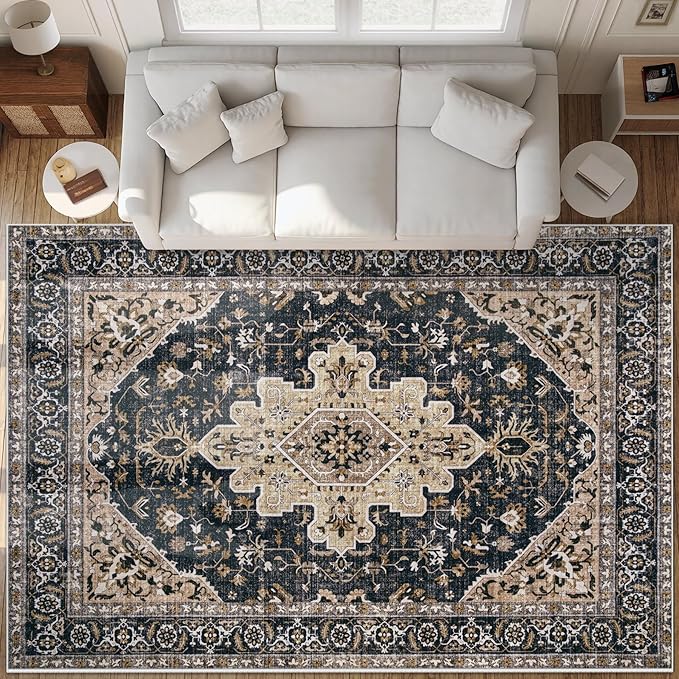 Area Rugs 9x12 Vintage Rug: Large Washable Living Room Rug Retro Medallion by MXSANYOORUG
