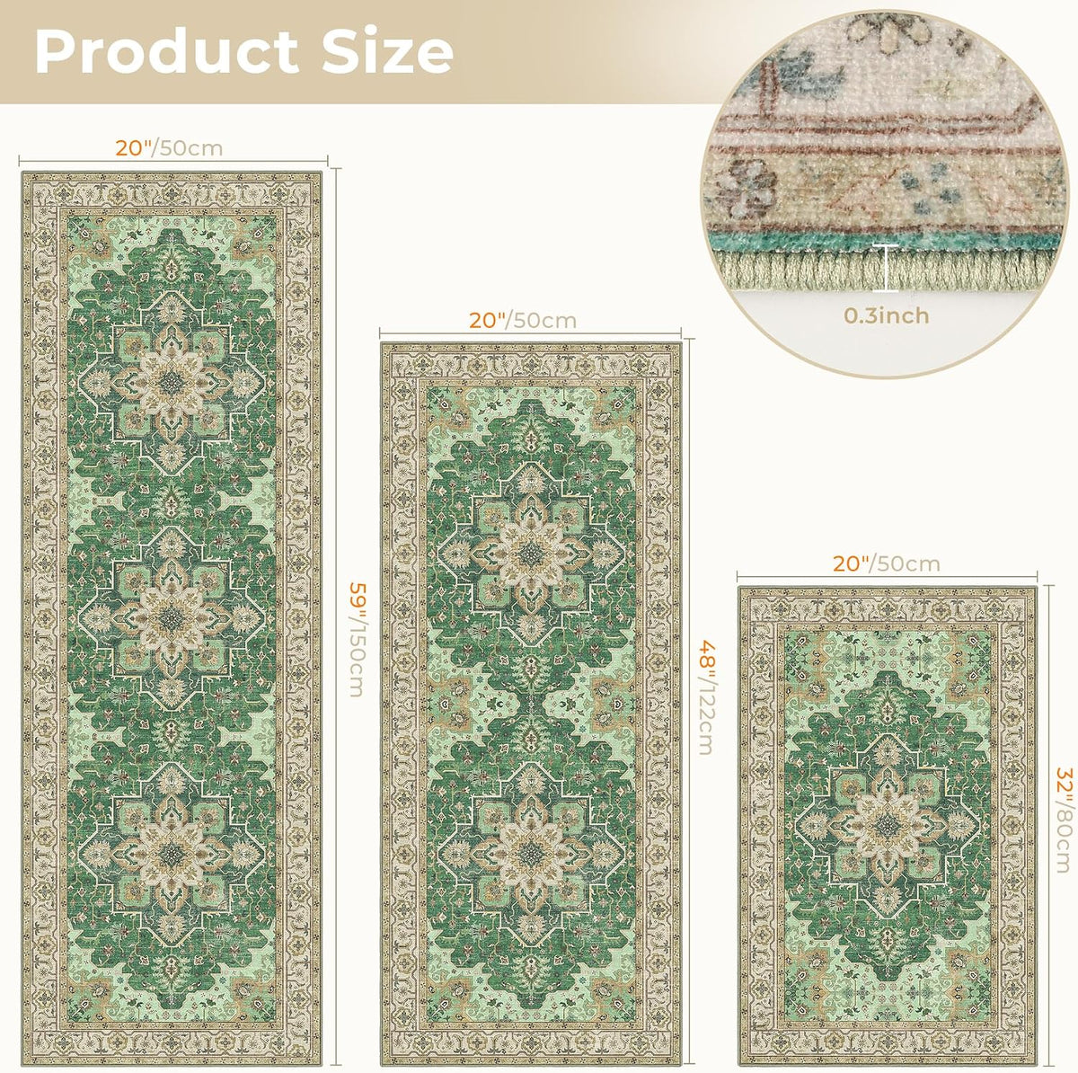 3 Piece Kitchen Rugs Sets with Runner, Washable Non Slip Soft Boho Kitchen Mats, Low Pile Stain Resistant Carpet for Hallway, Laundry Room, Entryway, Home Decor(20"x32"+20"x48"+20"x59", Green Beige)