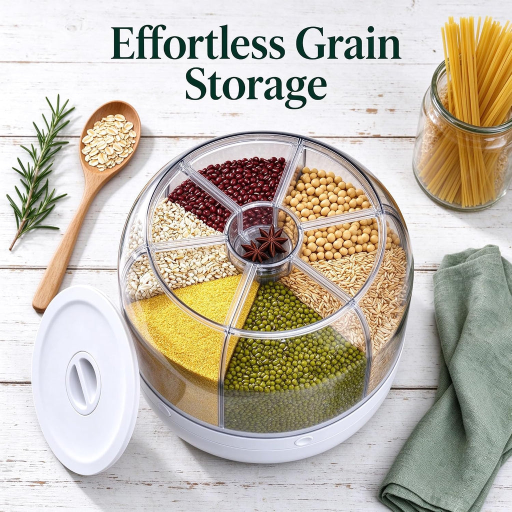 Rotating Grain Storage Bin 6 Grids Rice Container One-Click Output Large Capacity Food Dispenser For Rice Grains Sealed Moisture Proof Organizer (Grey) (Small)
