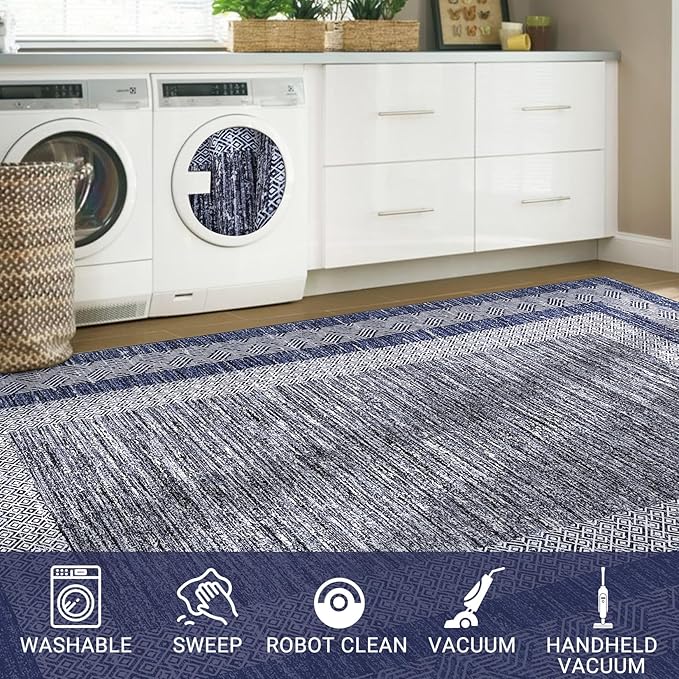 Washable 2.5x10 Kitchen Runner Navy Blue Rug, Easy Clean Geometri Rugs - Image 8