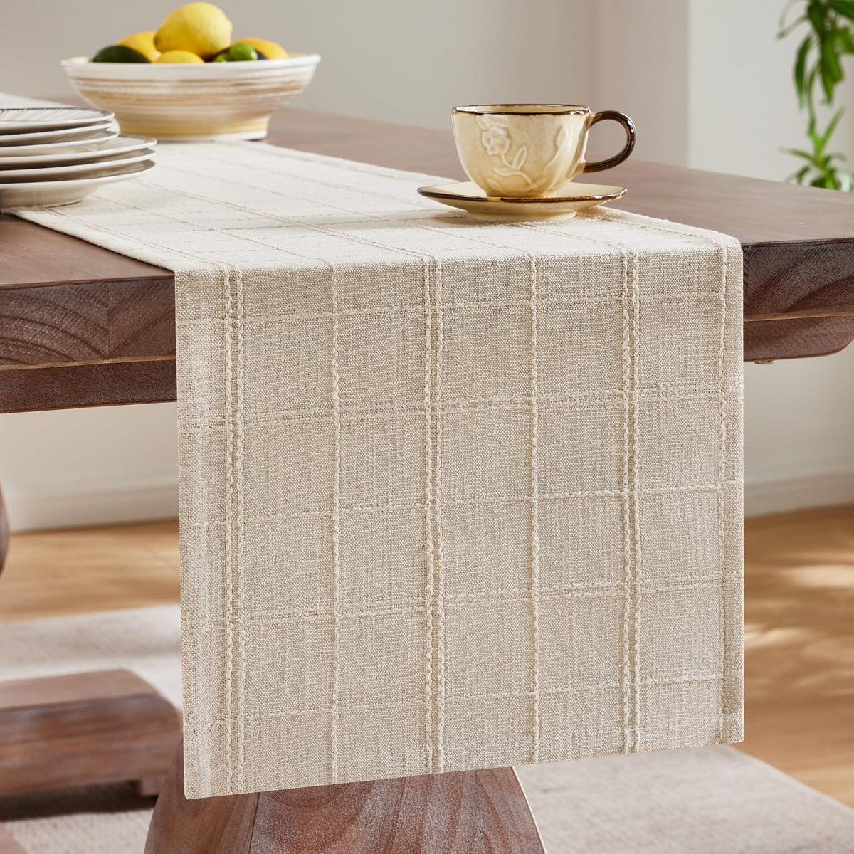 ZeeMart Linen Checked Farmhouse Table Runner, 13x108 Inches Neutral Beige