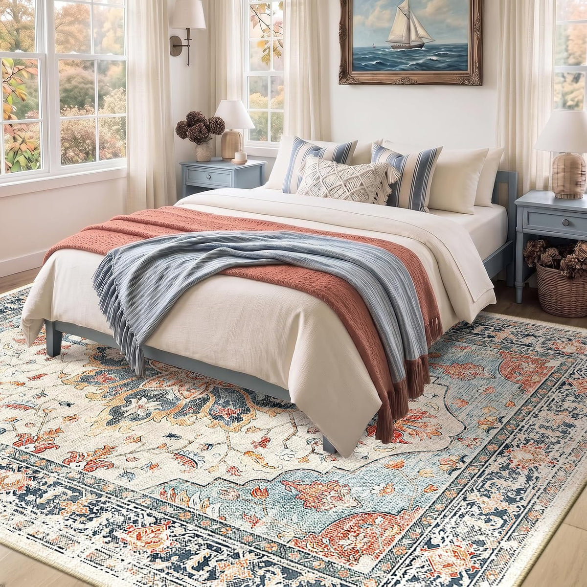 RELEANY Washable Area Rug, 8'x10', Beige/Blue/Orange