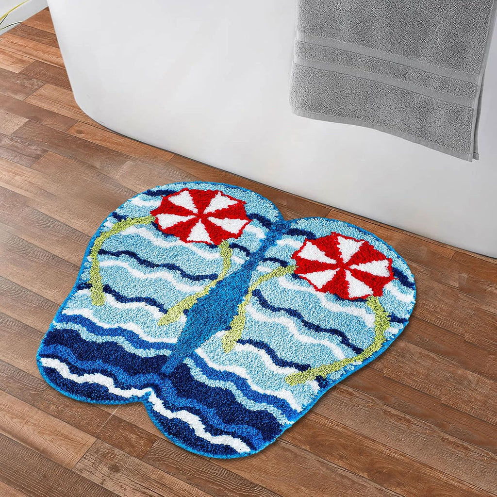 FYSUIMU Summer Bath Rug Flip Flop Shape Tufted Bath Mat Beach Ocean Wave Non Slip Floor Mat for Home Kitchen Bathroom Bedroom Porch Entryway