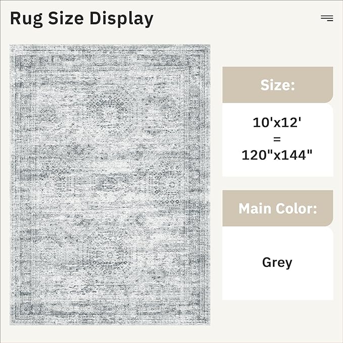 Area Rug 10x12 Vintage Washable Living Room Large Gray Carpet Non Slip Bedroom - Image 6