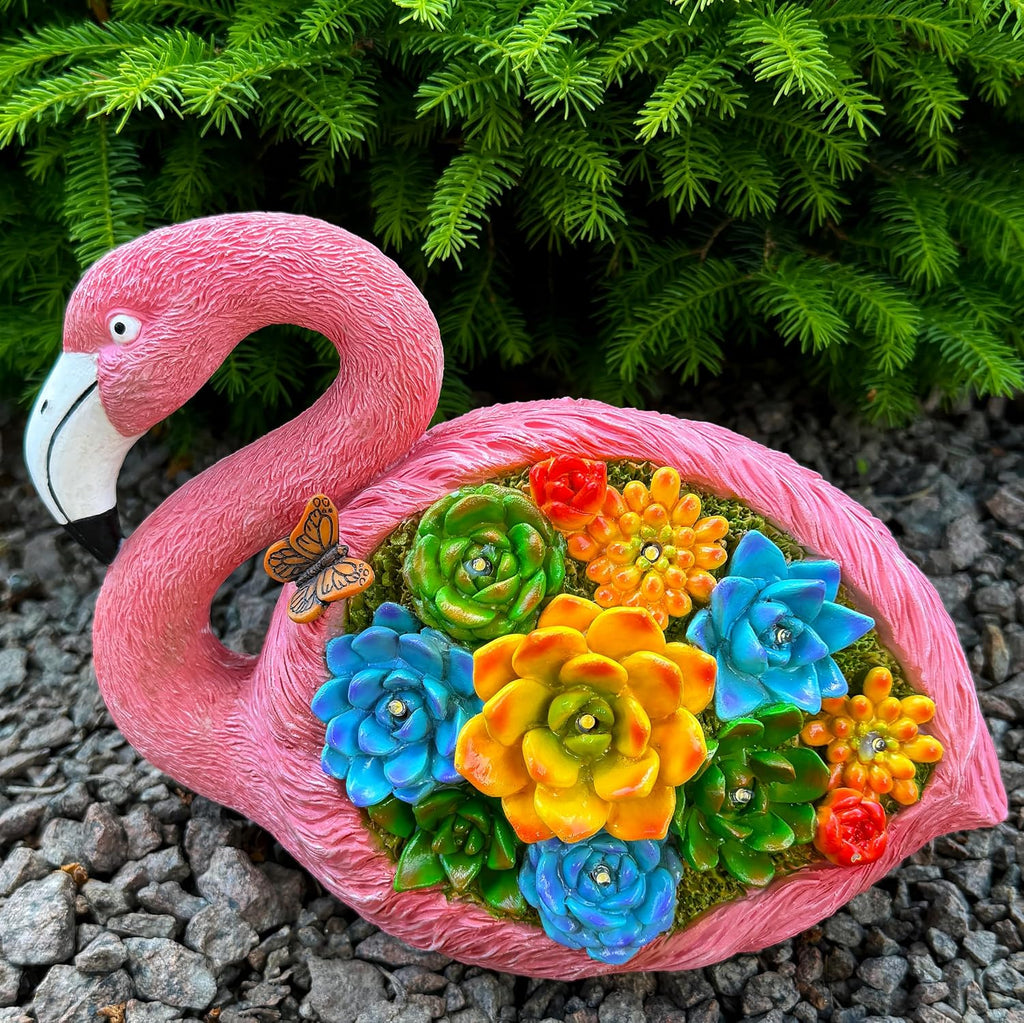 Mood Lab Garden Decor Flamingo Statue - 9 Inch Width Solar Figurine - 8 LED Solar Lights in Succulent Flowers - Yard Patio Lawn Indoor Outdoor Decoration