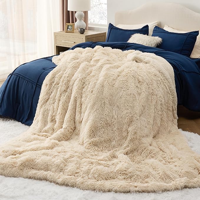 Bedsure GentleSoft Fluffy Beige Blankets Queen Size - Image 6