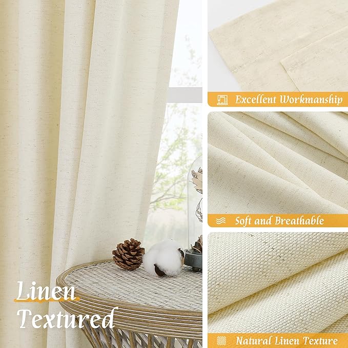 LAMIT 48 Inch Short Window Linen Curtains, Light Beige Soft Thick Light - Image 7