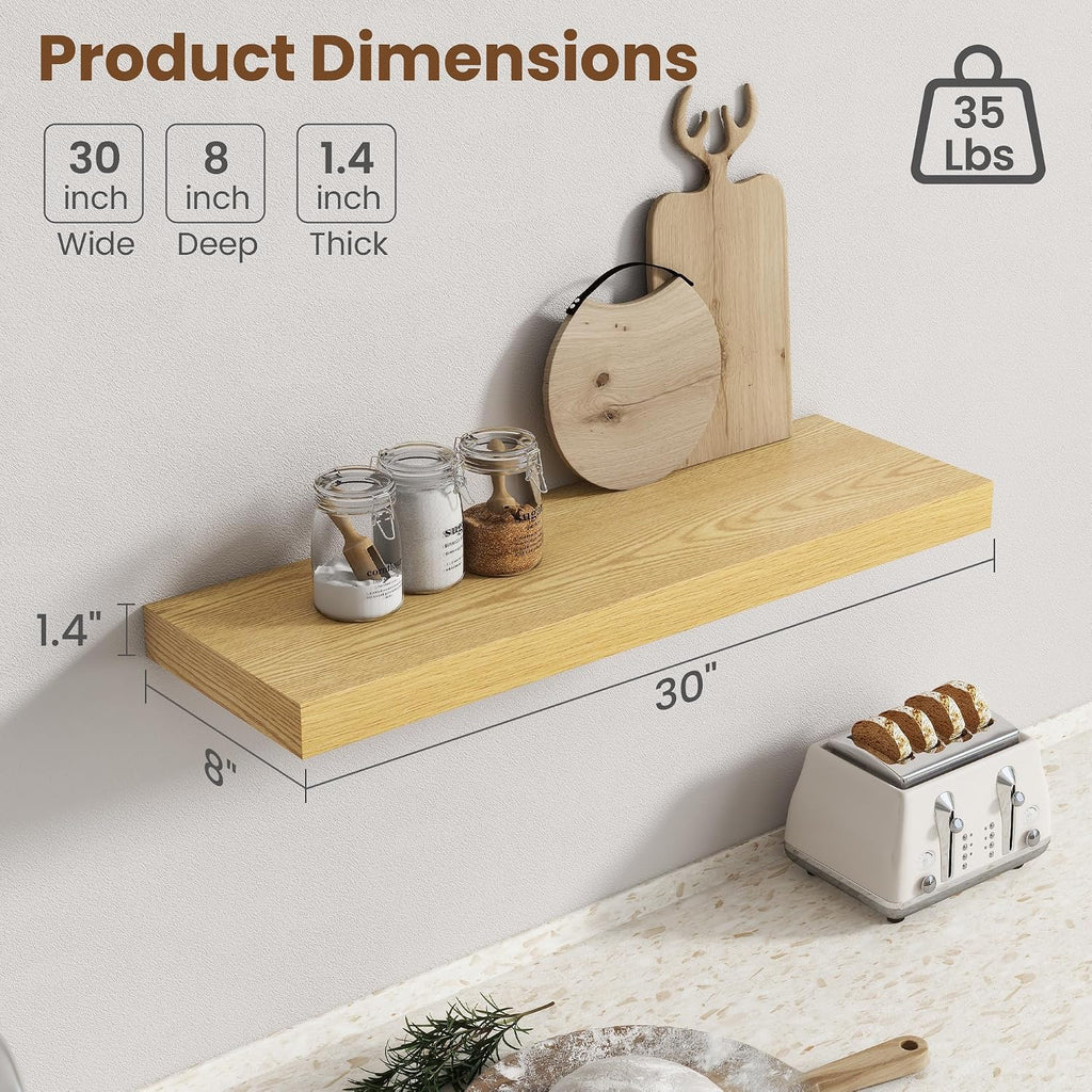 30 Inch Floating shelves for Wall, 8 Inch Deep, Invisible Brackets, Oak