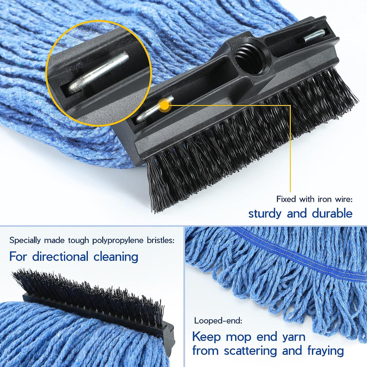 ONESIMUS Large Heavy-Duty Commercial Mop Head Replacement – Screw-On Wet Industrial Cotton Looped String Refill with Built-in Tough Polypropylene Bristle Brush for Floor Cleaning (Blue 6 Pack)