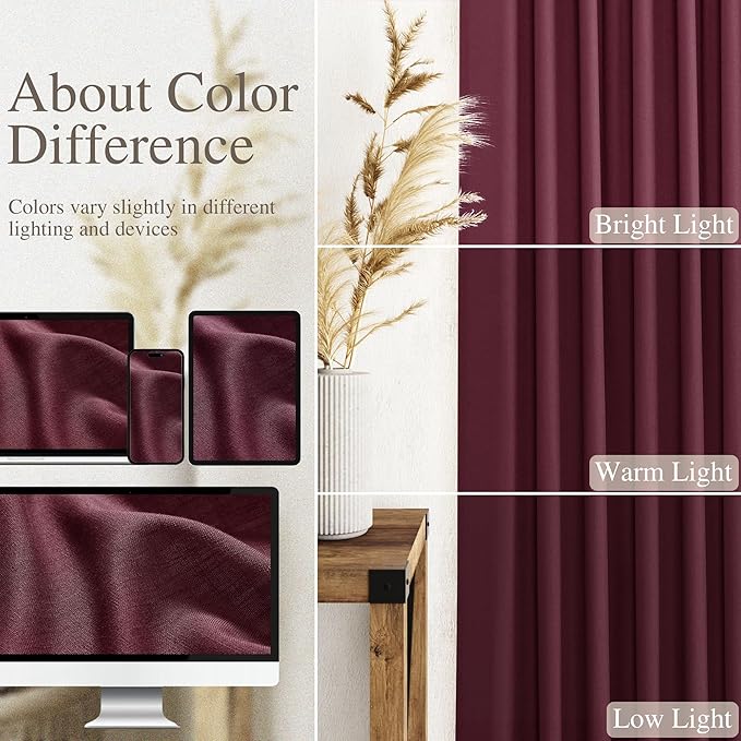 Nanspring Burgundy Linen Curtains Semi Sheer 96 Inches Long 2 Panels Set - Image 3