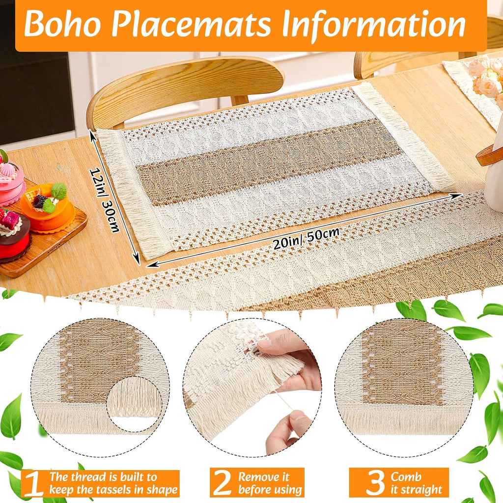 6 Sets Boho Table Runner and Woven Round Placemats Set, Khaki, 12x72