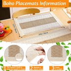 6 Sets Boho Table Runner and Woven Round Placemats Set, Khaki, 12x72