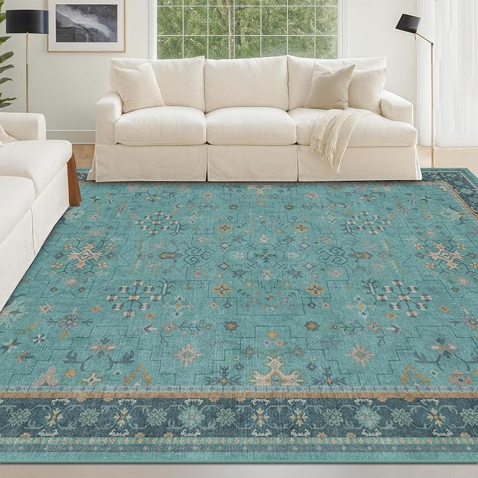 Boho Teal 6x9 Area Rugs for Living Room, Geometric Floral Design Rug for Bedroom by HazoHaus