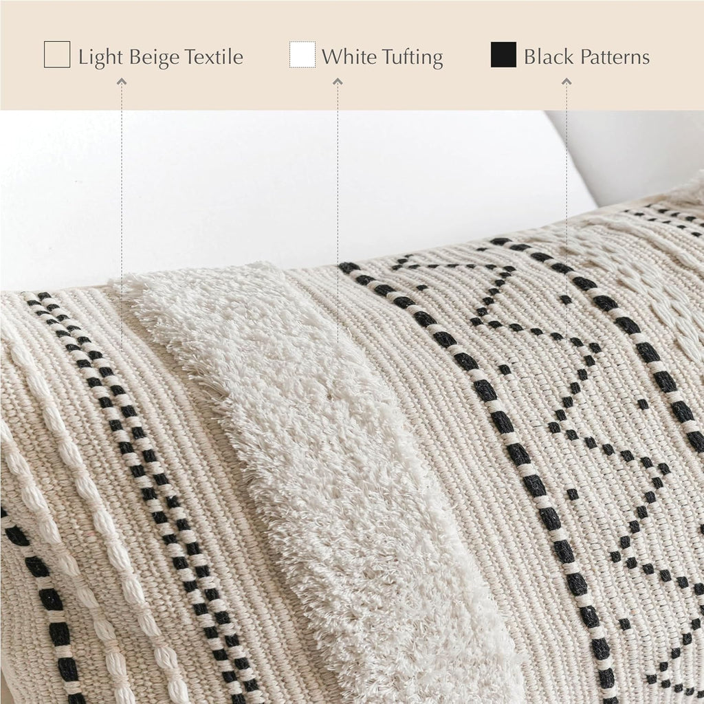 BlissBlush 14x36 Lumbar Pillow Cover for Bed, Rectangular Long Decorative Throw Pillowcase, Boho Accent Cushion with Black Tufted Pattern and Tassels, Cream Neutral (Cover Only)