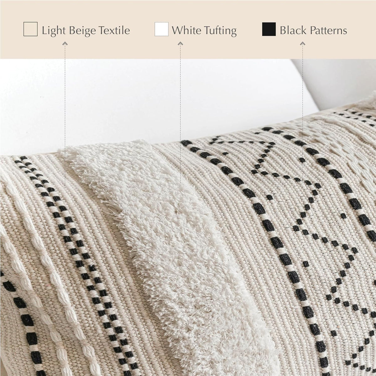 BlissBlush 14x36 Lumbar Pillow Cover for Bed, Rectangular Long Decorative Throw Pillowcase, Boho Accent Cushion with Black Tufted Pattern and Tassels, Cream Neutral (Cover Only)