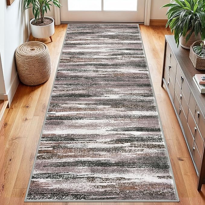 Lansny Modern Abstract Runner Rug 2.6x8, Dark Light Brown White Washable by lansny