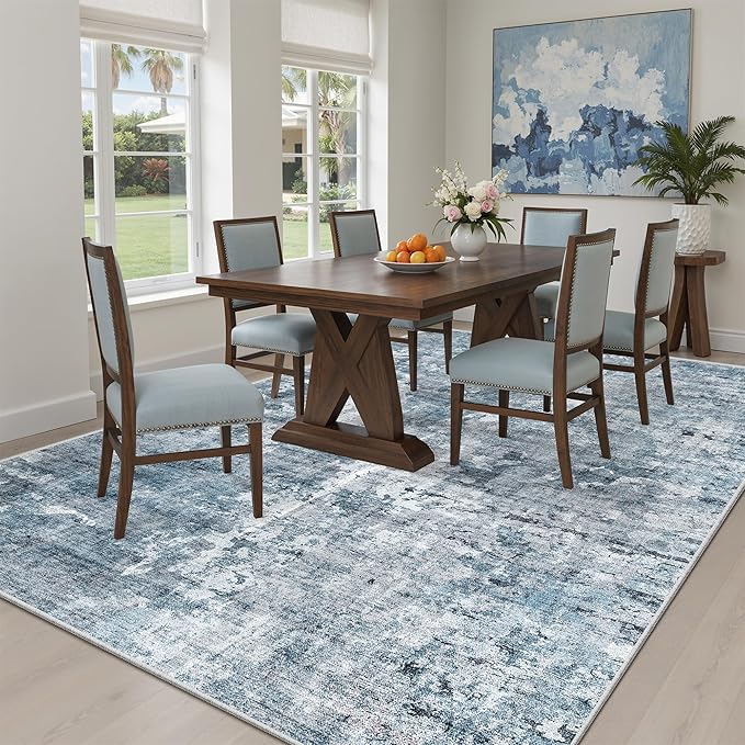 Abstract Rug 5x7 Machine Washable Area Indoor Blue Low Pile Non-Slip Foldable - Image 3