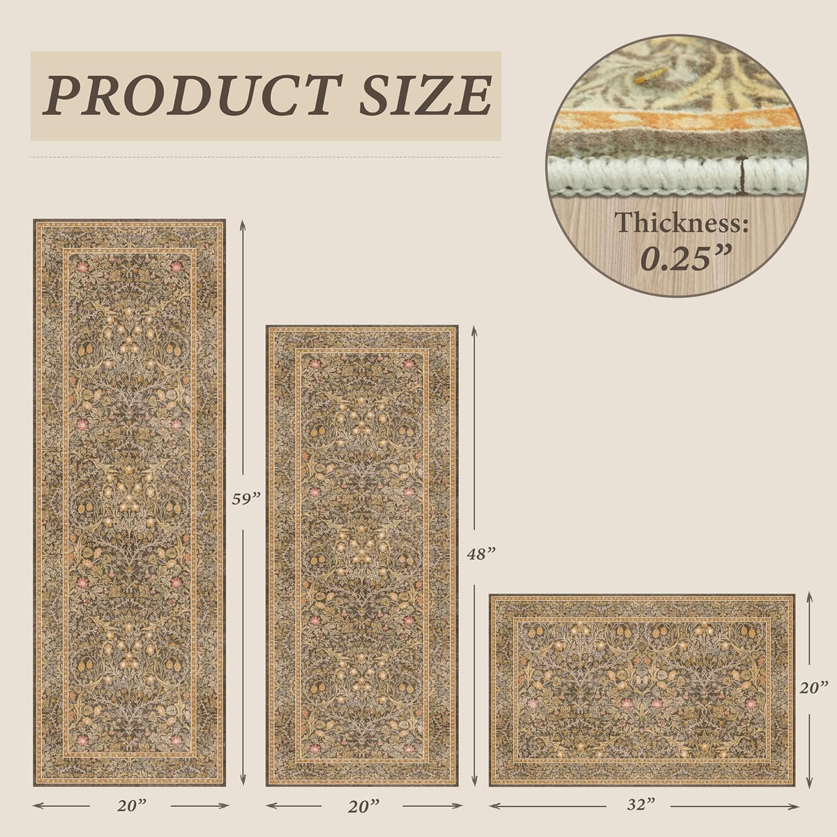 JTJ Brown Kitchen Rug Set of 3, Washable Non Slip Mats with Runner