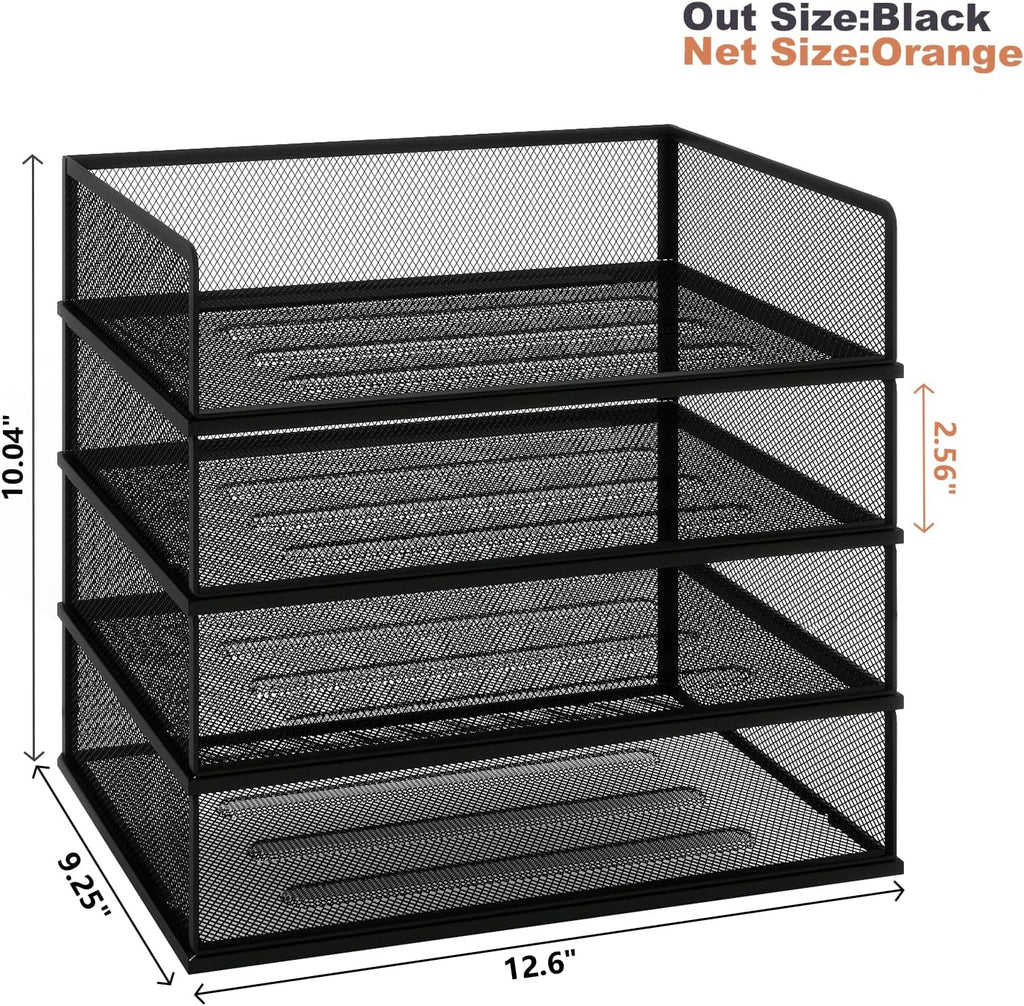 4-Tier Stackable Metal Mesh Letter Paper Tray Organizer,Black